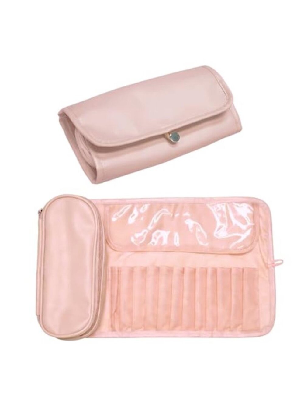 Makeup Brush Bag with Separate Compartment Rollup and Open Flat (Pink